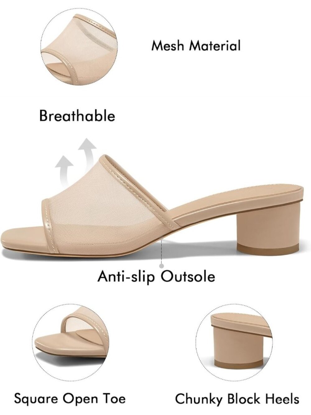 Women's Khaki Comfortable Suitable Square Open Toe Chunky Heel Slide Sandals - Picture 4 of 5